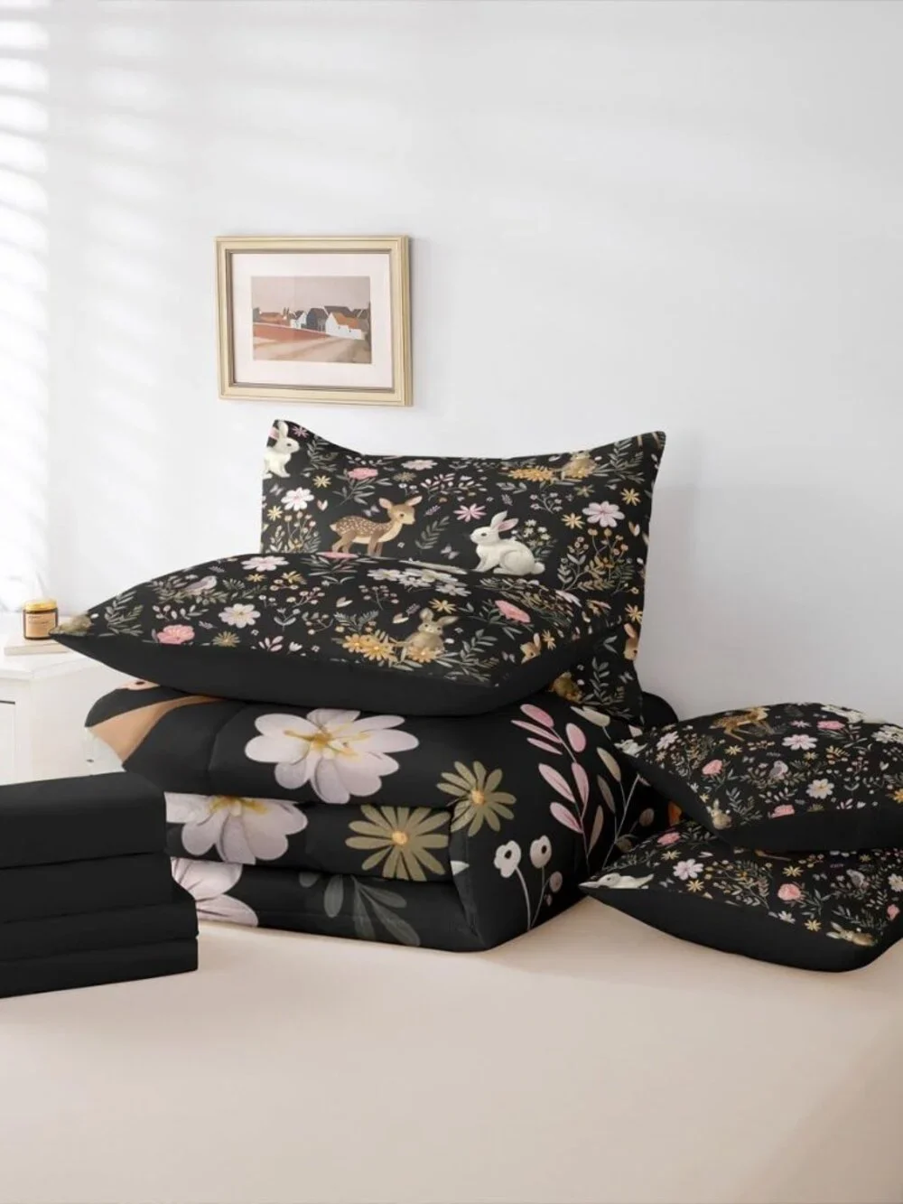 Cute Deer and Rabbit 7 Piece Bedding Set Floral Flower Comforter Set with Sheets